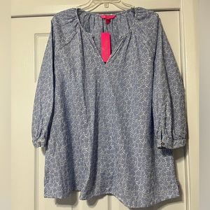 Lilly Pulitzer 3/4 Sleeve Blue Striped Eyelet Willa Top size XL - NEW NWT